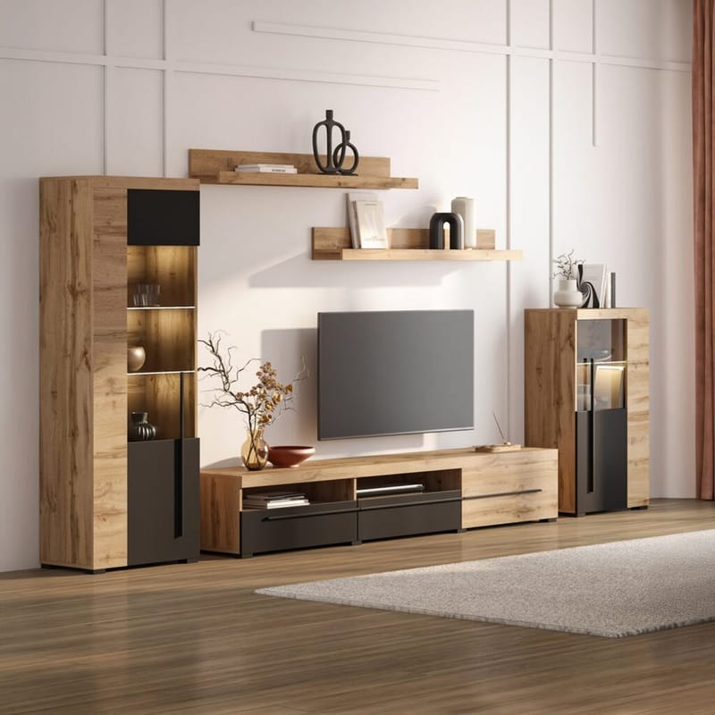 Veggseksjon Roger 5 deler - Wotan eik - Oppbevaring - Oppbevaringsmøbler - Møbelsett til stue