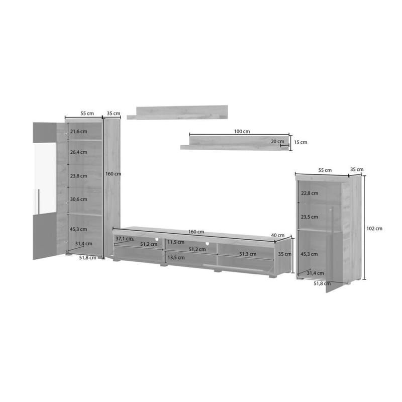 Veggseksjon Roger 5 deler - Wotan eik - Oppbevaring - Oppbevaringsmøbler - Møbelsett til stue