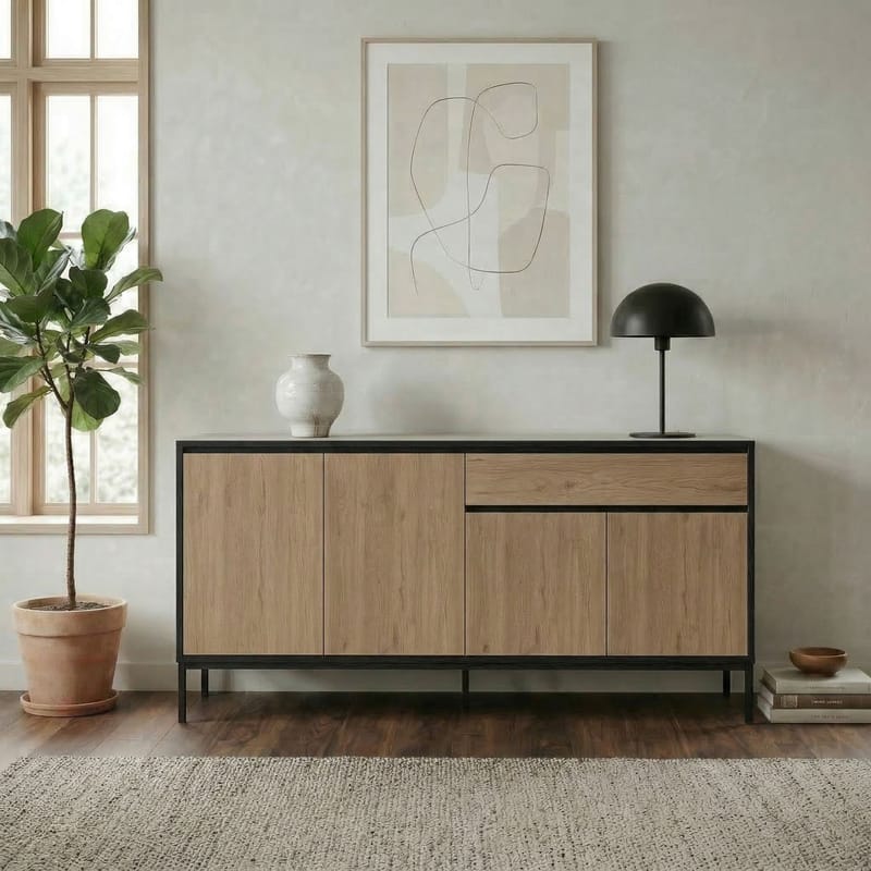 Velar Konsoll 180x80x40 cm - Naturlig eik, tre-svart, svart - Oppbevaring - Oppbevaringsmøbler - Sideboard & skjenk