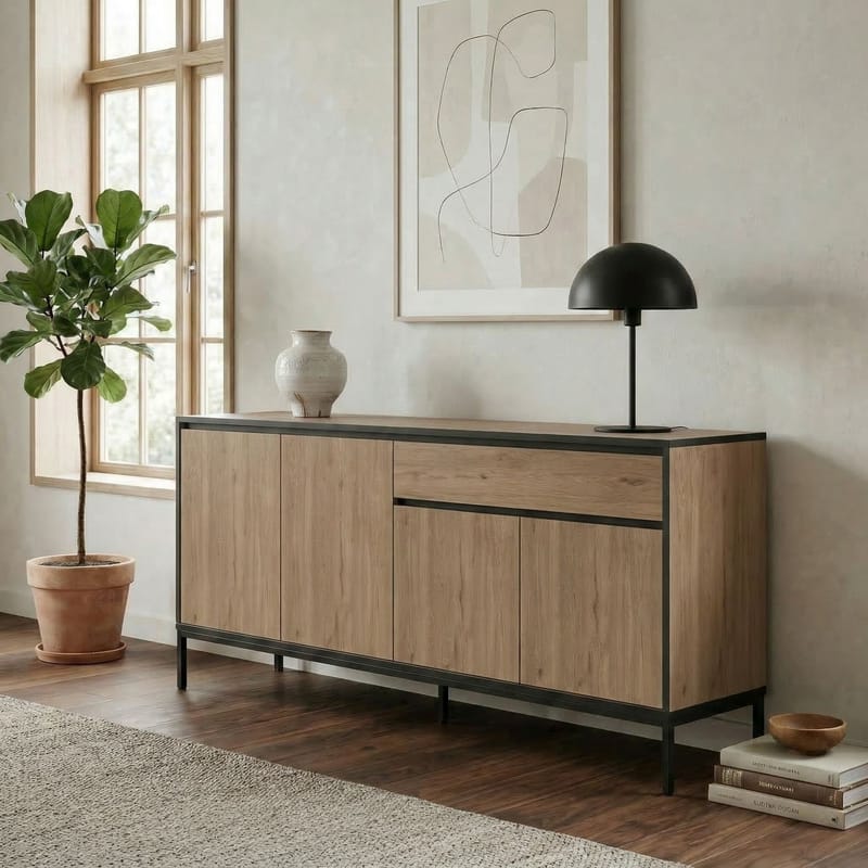 Velar Konsoll 180x80x40 cm - Naturlig eik, tre-svart, svart - Oppbevaring - Oppbevaringsmøbler - Sideboard & skjenk