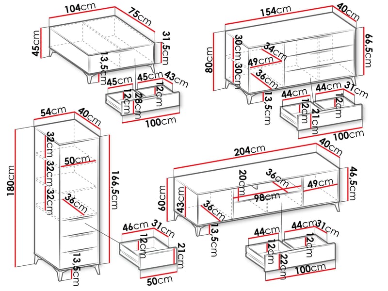 Vemdalen møbelsett til stue - TV-benk, bokhylle, skjenk og sofabord - brun - Oppbevaring - Oppbevaringsmøbler - Møbelsett til stue