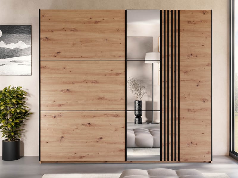 Osval Garderobeskapeskap med speil 250x215 cm - Brun/Svart - Oppbevaring - Garderober & garderobesystem