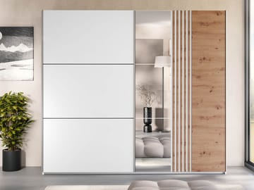 Osval Garderobeskapeskap med speil 250x215 cm - Hvit/Brun - Oppbevaring - Garderober & garderobesystem