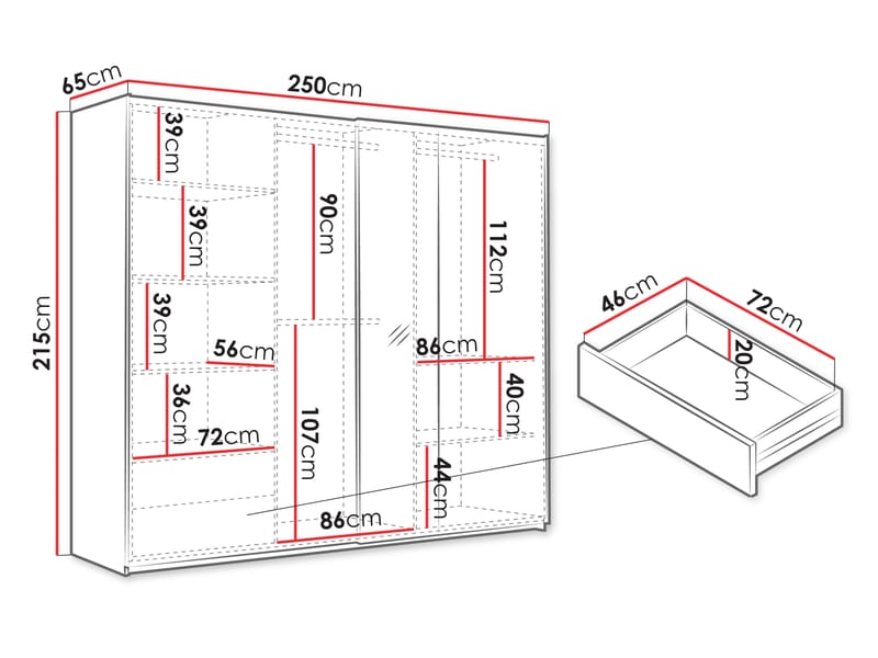 Osval Garderobeskapeskap med speil 250x215 cm - Hvit/Brun - Oppbevaring - Garderober & garderobesystem