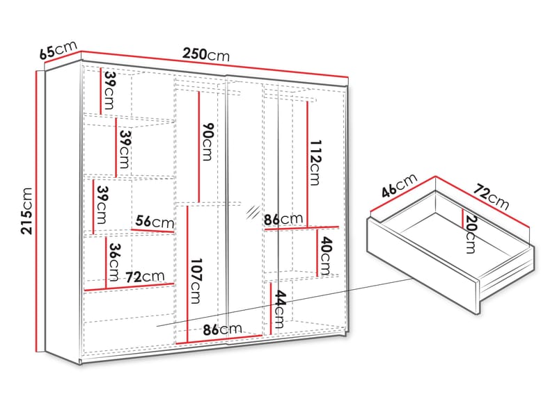 Osval Garderobeskapeskap med speil 250x215 cm - Hvit/Brun - Oppbevaring - Garderober & garderobesystem