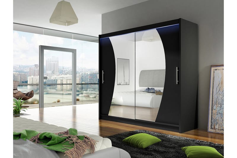 Prag Garderobe med Speil 180x215 cm - Svart - Oppbevaring - Garderober & garderobesystem