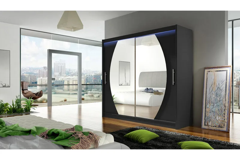 Prag Garderobe med Speil 180x215 cm - Svart - Oppbevaring - Garderober & garderobesystem