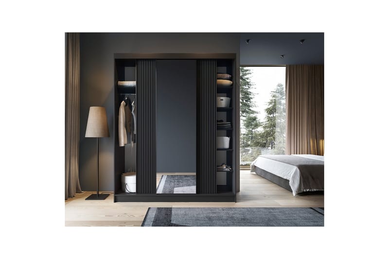 Prescco Garderobe med Speil 120 cm i Malt Tre - Sort - Oppbevaring - Garderober & garderobesystem