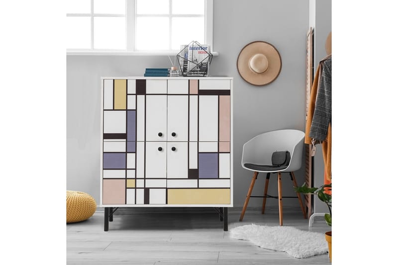 Midia Highboard 95x111 cm Hvit/Brun/Lilla/Gul - Hanah Home - Oppbevaring - Skap - Oppbevaringsskap
