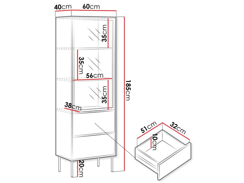 Claven Vitrineskap 60x185 cm - brun - Oppbevaring - Skap - Vitrineskap