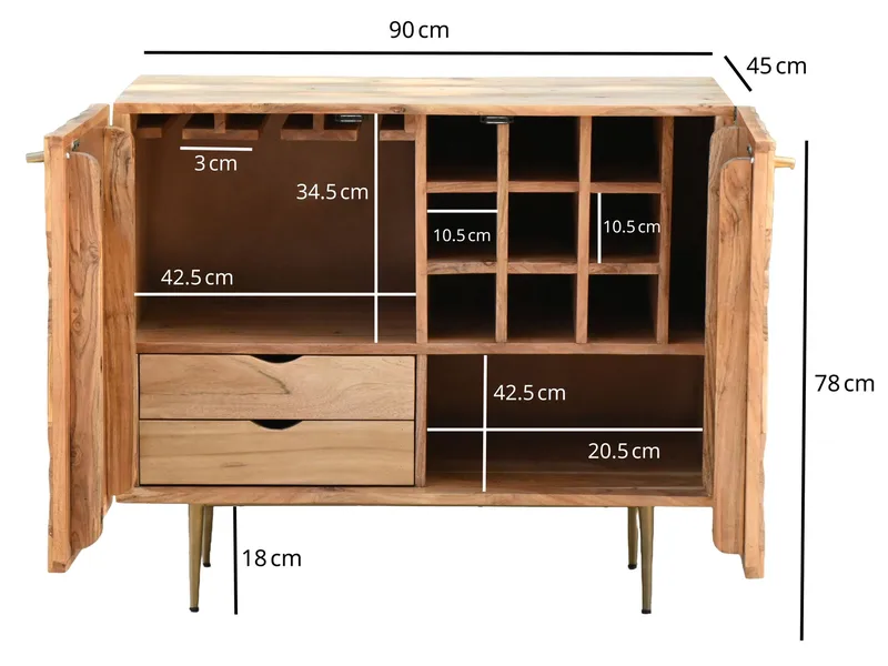 Fenrik barskap 90 cm i massivt akasietre med vinstativ - naturtre - Oppbevaring - Skap - Barskap
