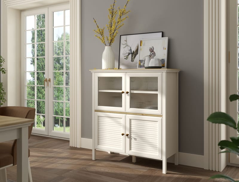 Natira Multifunksjonsskap 110x120 cm - Krem og eik - Oppbevaring - Skap - Vitrineskap