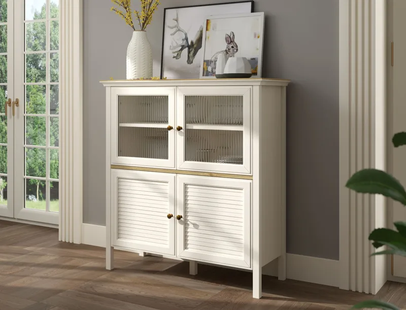 Natira Multifunksjonsskap 110x120 cm - Krem og eik - Oppbevaring - Skap - Vitrineskap