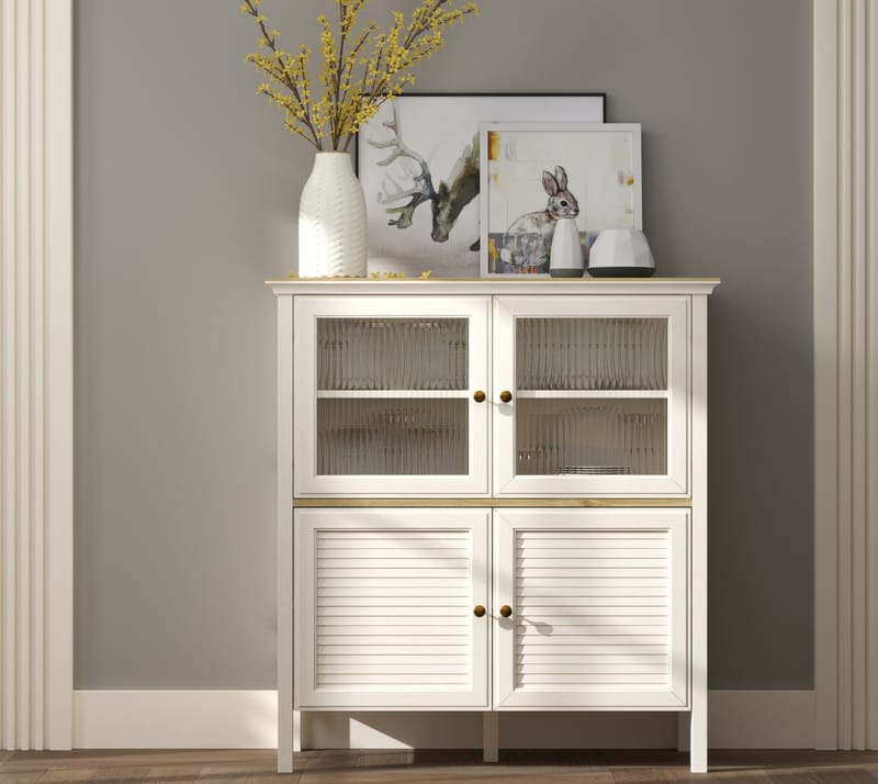 Natira Multifunksjonsskap 110x120 cm - Krem og eik - Oppbevaring - Skap - Vitrineskap