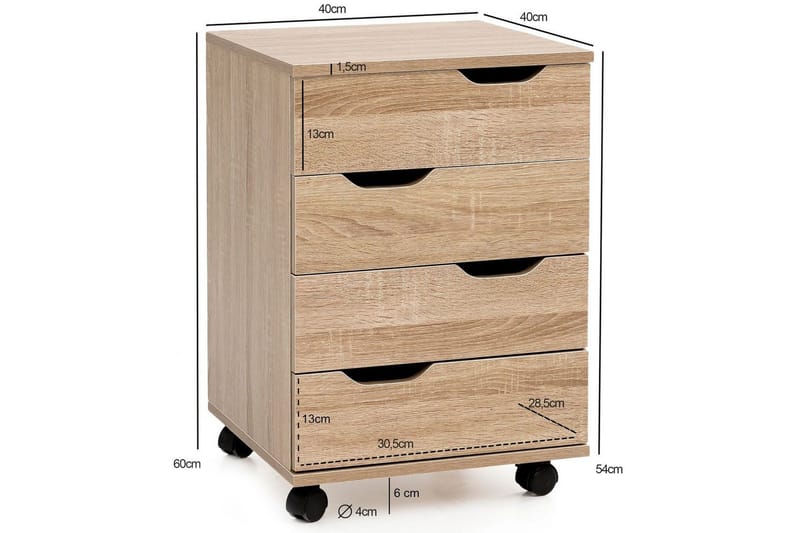 Rullecontainer Wohnling 4 skuffer foliert sponplate med hjul, moderne - Oppbevaring - Oppbevaringsmøbler - Kommode - Skuffeseksjon