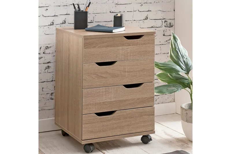 Rullecontainer Wohnling 4 skuffer foliert sponplate med hjul, moderne - Oppbevaring - Oppbevaringsmøbler - Kommode - Skuffeseksjon