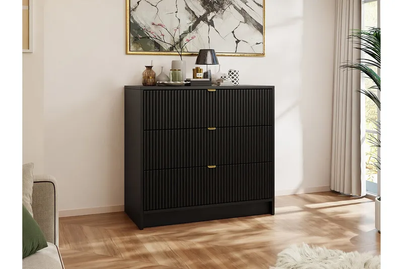 Novaj Høy Kommode 80x40x75 cm i Tre med Oppbevaringsskuffer - Svart - Oppbevaring - Skap - Oppbevaringsskap