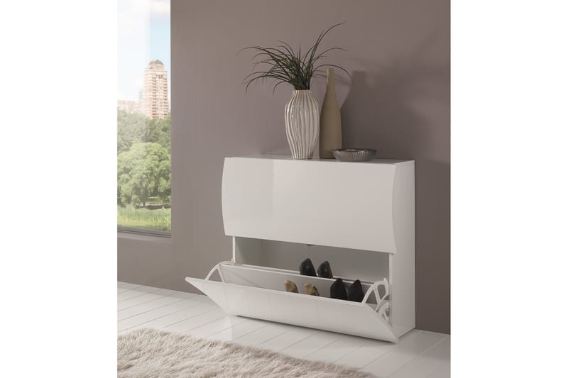 Skoskåp Ondres 101x27 cm 2 Skuffer - Hvit Høyglans - Skoskap - Entreoppbevaring - Oppbevaringsskap