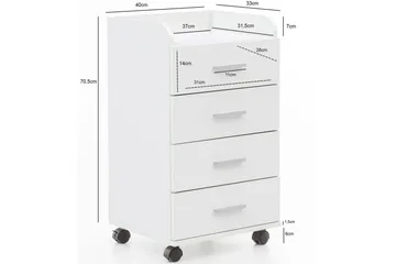 Rullecontainer Wohnling 4 skuffer med hjul, oppbevaringsbrett, foliert sponplate, moderne stil Hvit - Hvit - Oppbevaring - Skap - Oppbevaringsskap