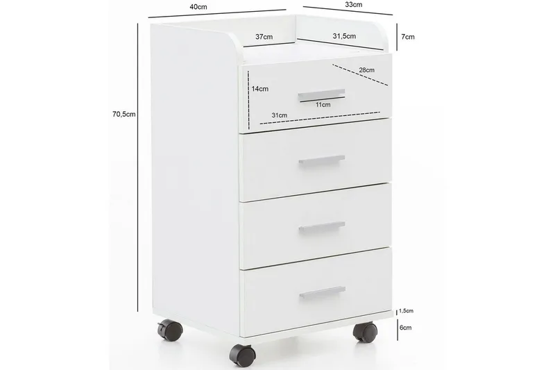 Rullecontainer Wohnling 4 skuffer med hjul, oppbevaringsbrett, foliert sponplate, moderne stil Hvit - Hvit - Oppbevaring - Skap - Oppbevaringsskap