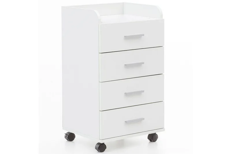 Rullecontainer Wohnling 4 skuffer med hjul, oppbevaringsbrett, foliert sponplate, moderne stil Hvit, Hvit
