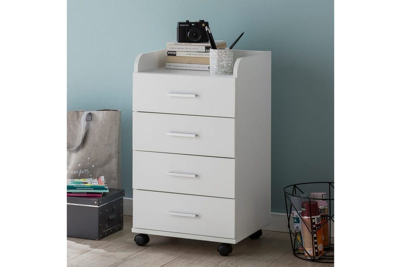 Rullecontainer Wohnling 4 skuffer med hjul, oppbevaringsbrett, foliert sponplate, moderne stil Hvit - Hvit - Oppbevaring - Oppbevaringsmøbler - Kommode - Skuffeseksjon