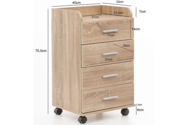 Rullecontainer Wohnling 4 skuffer med hjul, oppbevaringsbrett, foliert sponplate, moderne stil Sonoma - Sonoma - Oppbevaring - Skap - Oppbevaringsskap