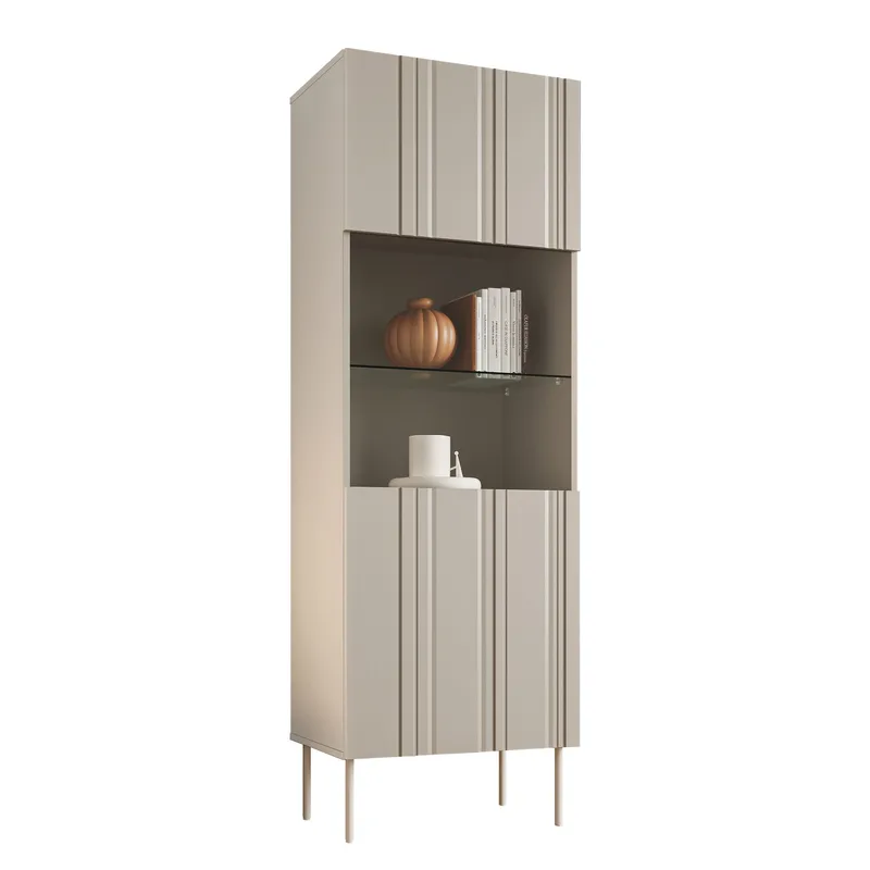 Rynlin Vitrineskap med Oppbevaring og Glassdører 180 cm i Tre, Beige