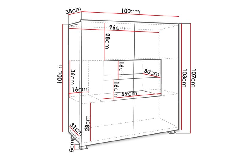 Tessan Vitrineskap 100x107 cm med Oppbevaring og Belysning i Glass - Hvit - Oppbevaring - Skap - Vitrineskap