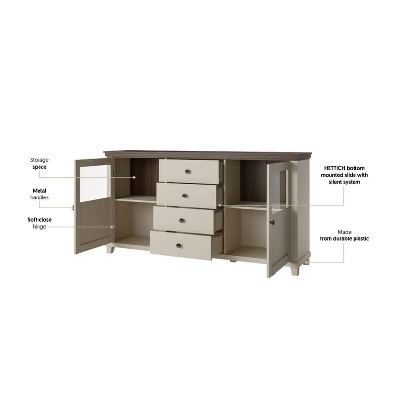 Vitrineskap Evora 2 dører med 4 skuffer - Lys Beige - Oppbevaring - Skap - Vitrineskap