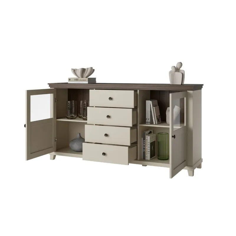 Vitrineskap Evora 2 dører med 4 skuffer - Lys Beige - Oppbevaring - Skap - Vitrineskap