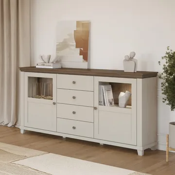 Vitrineskap Evora 2 dører med 4 skuffer - Lys Beige - Oppbevaring - Skap - Vitrineskap