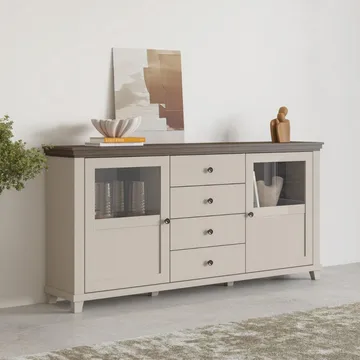 Vitrineskap Evora 2 dører med 4 skuffer - Lys Beige - Oppbevaring - Skap - Vitrineskap