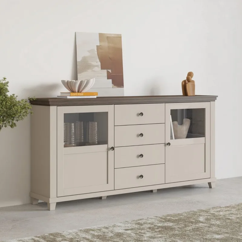 Vitrineskap Evora 2 dører med 4 skuffer - Lys Beige - Oppbevaring - Skap - Vitrineskap