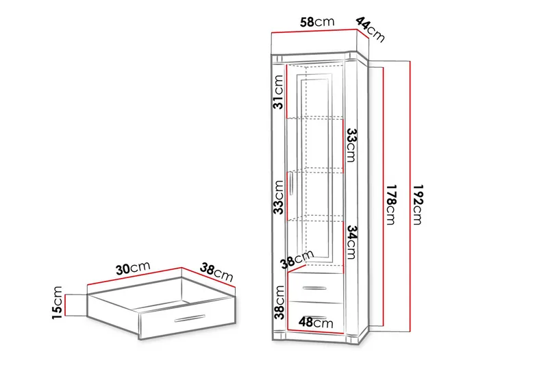 Dallas Vitrineskap 58x43,5x192 cm - Oppbevaring - Skap - Vitrineskap