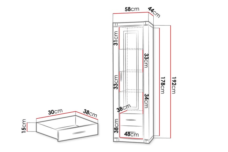 Dallas Vitrineskap 58x43,5x192 cm - Oppbevaring - Skap - Vitrineskap