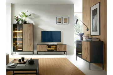 Klinkerville Lavt vitrineskap med belysning 39 cm dyp 104 cm - Svart Tre / Glass / Ribbet - Oppbevaring - Skap - Vitrineskap