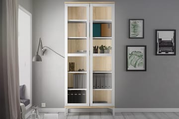 Roomers Vitrineskap 89 cm 2 Dører med Ben - Hvit/Eik - Oppbevaring - Skap - Vitrineskap