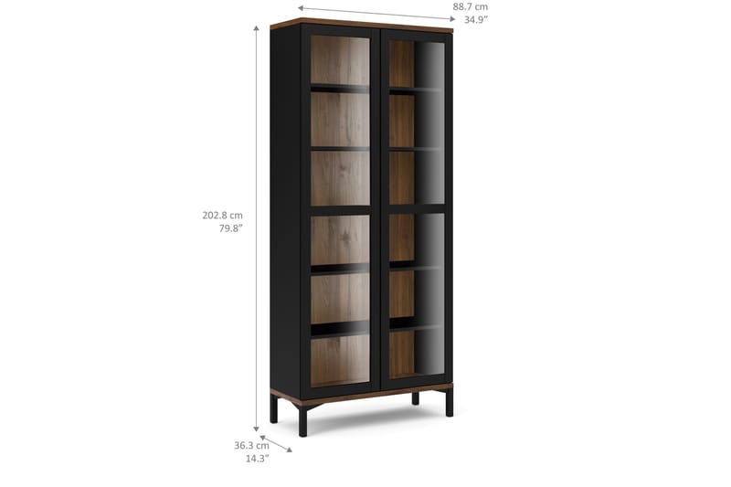 Roomers Vitrineskap 89 cm 2 Dører med Ben - Svart/Valnøtt - Oppbevaring - Skap - Vitrineskap