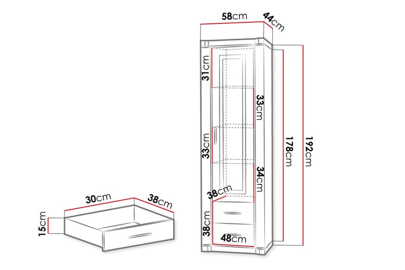 Vitrineskap Dallas 58x43,5x192 cm - Vitrineskap