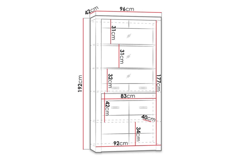 Vitrineskap Indianapolis 96x42x192 cm - Vitrineskap
