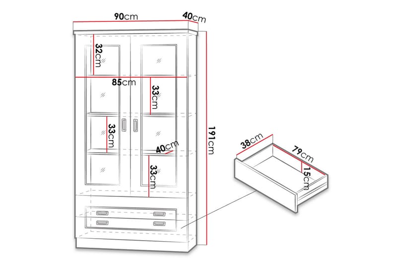 Vitrineskap Tadeusz 90x44x190 cm - Vitrineskap