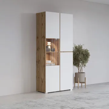 Vitrineskap Kors 3 dører - Hvit - Wotan Eik - Oppbevaring - Skap - Vitrineskap