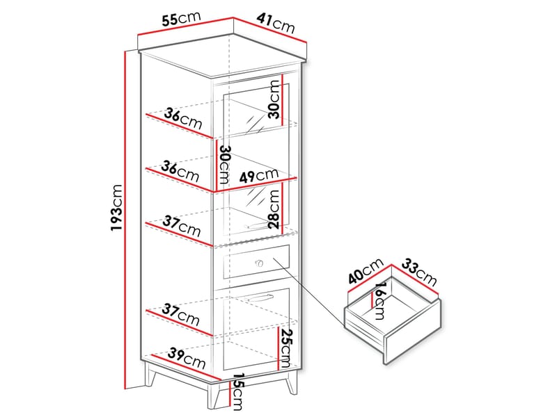 Zeylor Vitrineskap 193 cm med Belysning - Oppbevaring - Skap - Vitrineskap