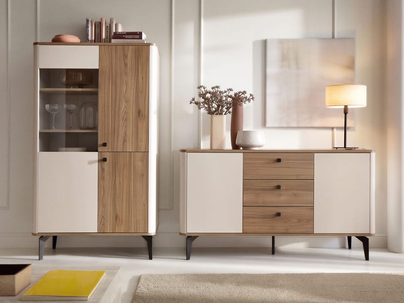 Zeyrin Møbelsett til stue - Skjenk + Vitrineskap - Brun|beige|svart - Oppbevaring - Skap - Vitrineskap