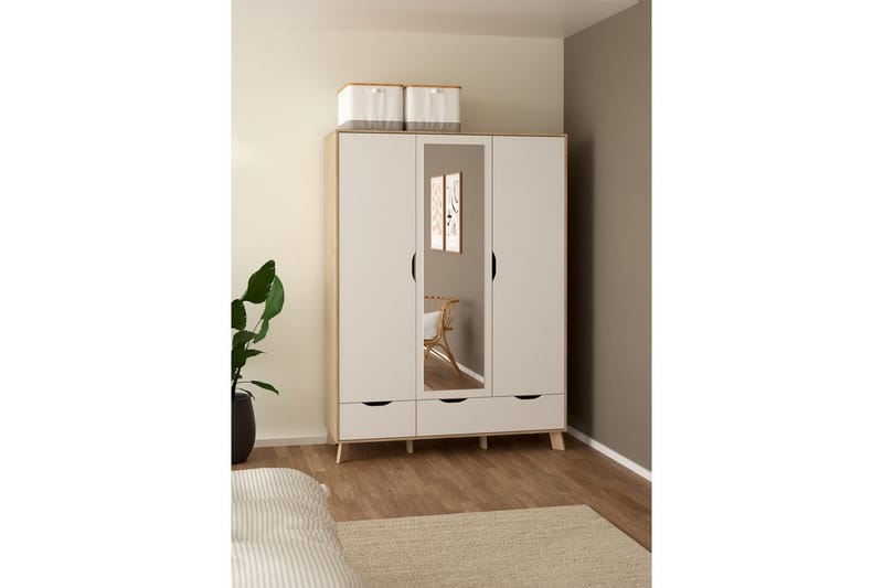 Sumita Garderobe med Speil 147x201 cm - Hvit/Natur - Oppbevaring - Garderober & garderobesystem
