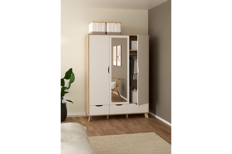 Sumita Garderobe med Speil 147x201 cm - Hvit/Natur - Oppbevaring - Garderober & garderobesystem