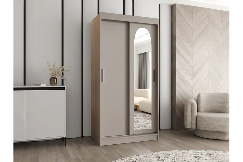 Tallmo Garderobeskap med Speil 100x200 cm i Tre - Beige - Oppbevaring - Garderober & garderobesystem
