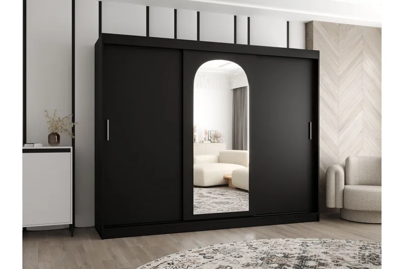 Tallmo Garderobeskap med Speil 250x200 cm i Malt Tre - Svart - Oppbevaring - Garderober & garderobesystem