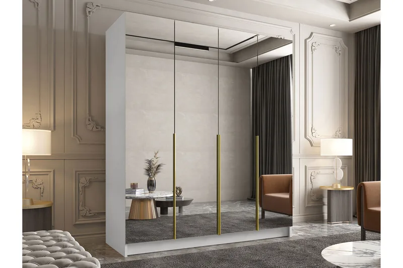 Vadstena Garderob med Speil 200 cm - Hvit/Gull - Oppbevaring - Garderober & garderobesystem